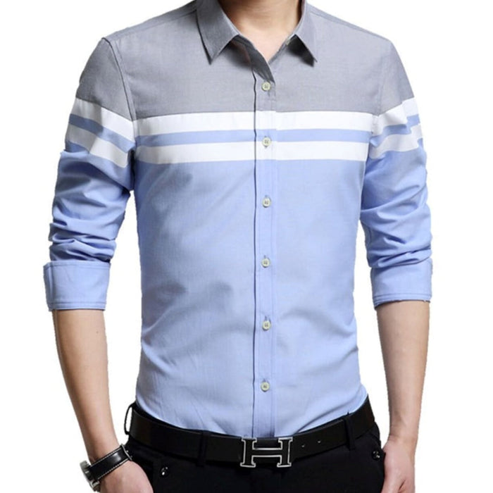 Color-Blocked Men's Button-Up Shirt: A Revised Title: blue-gray, white button-up long-sleeve shirt, casual color-blocked styl