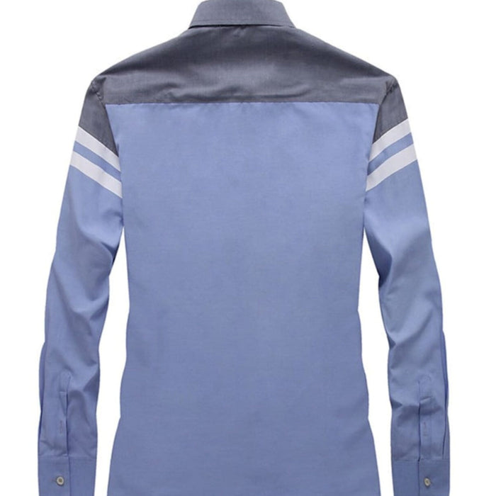 Color-Blocked Men's Button-Up Shirt: A Revised Title: blue-gray, white button-up long-sleeve shirt, casual color-blocked styl