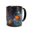Color Changing Ceramic Mug with a Celestial Twist: black, dark blue solar system planets, colorful educational space illustra