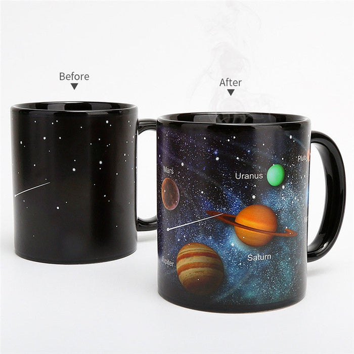 Color Changing Ceramic Mug with a Celestial Twist: black, dark blue solar system planets, colorful educational space illustra