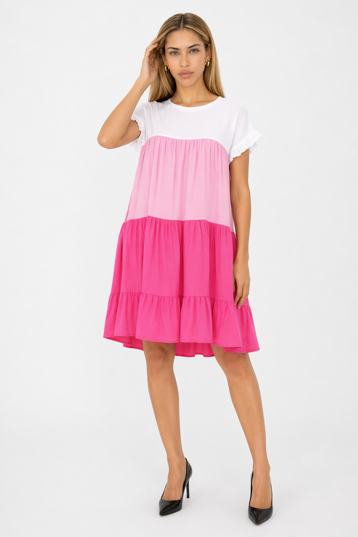 Colorful Ruffled Sleeve Summer Dress for Women Pink
