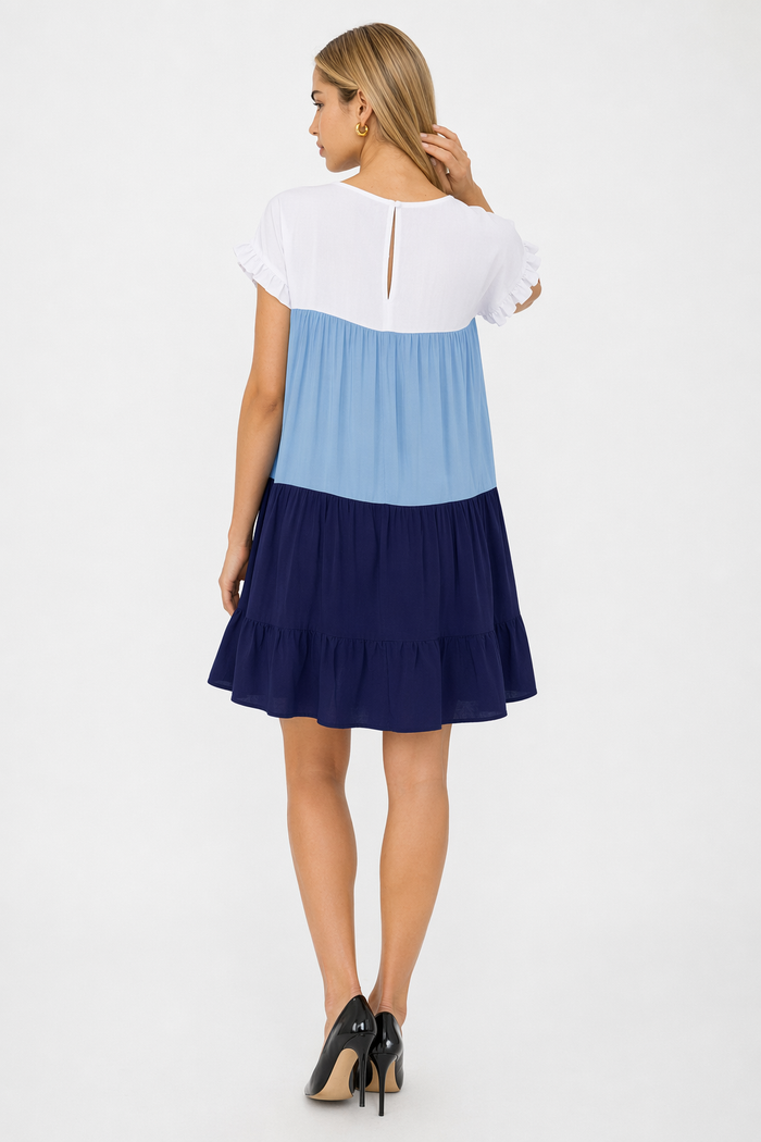 Colorful Ruffled Sleeve Summer Dress for Women Navy