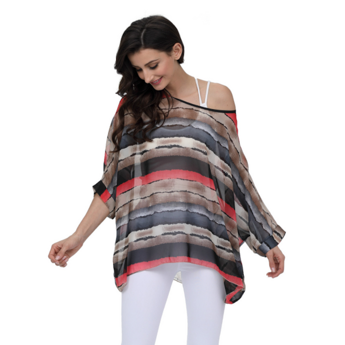 Colorful Striped Chiffon Tunic for Women: black, gray women's loose sheer top/blouse, casual, flowy style