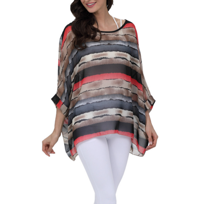 Colorful Striped Chiffon Tunic for Women: black, gray women's loose sheer top/blouse, casual, flowy style