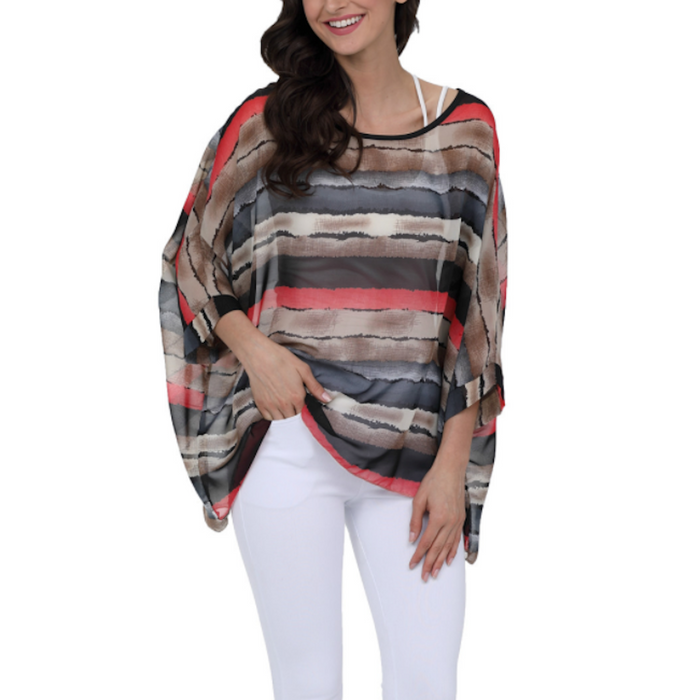 Colorful Striped Chiffon Tunic for Women: black, gray women's loose sheer top/blouse, casual, flowy style