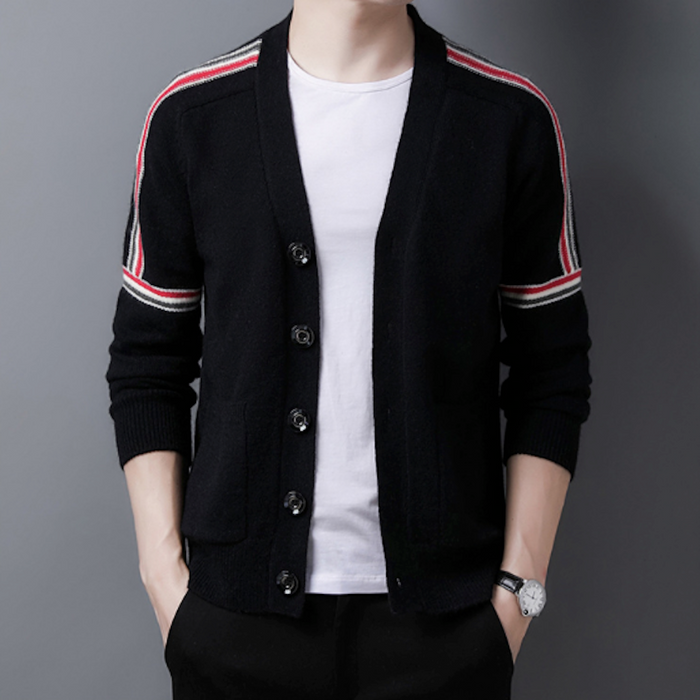 Colorful Striped Men's Cardigan: black, white cardigan sweater, minimal sporty style