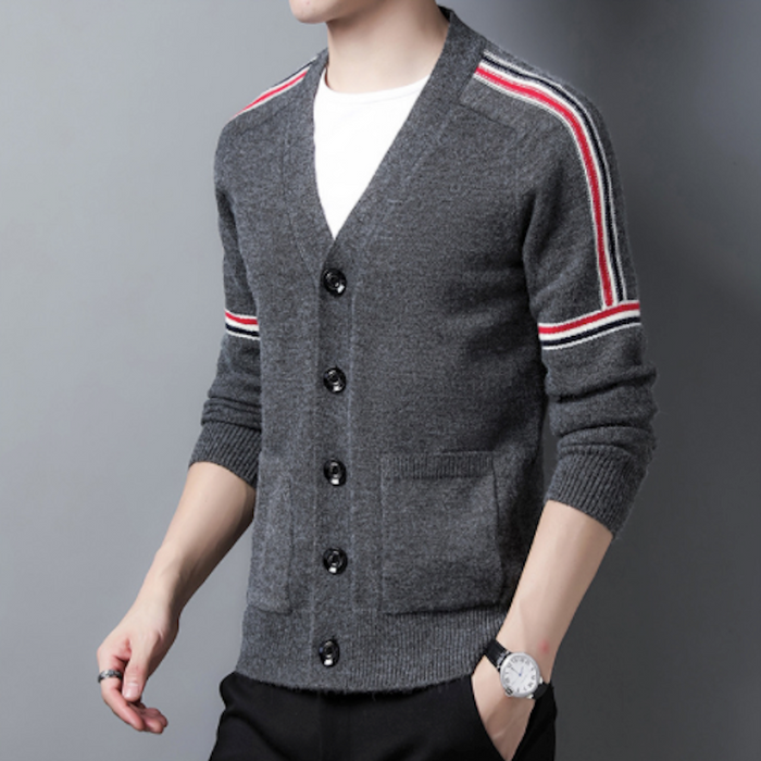 Colorful Striped Men's Cardigan: black, white cardigan sweater, minimal sporty style
