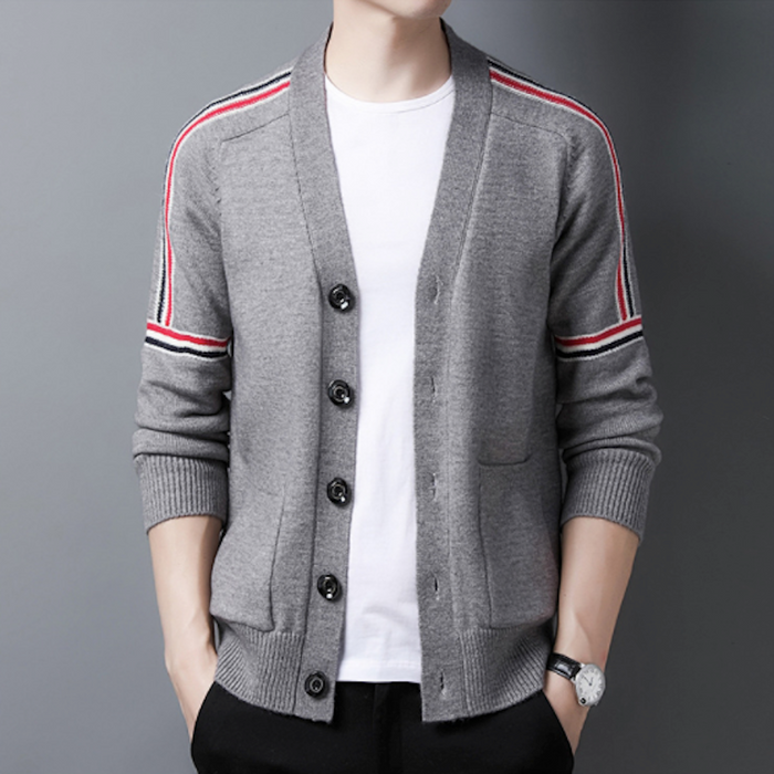 Colorful Striped Men's Cardigan: black, white cardigan sweater, minimal sporty style
