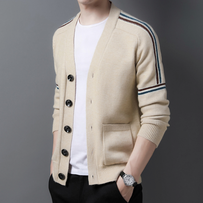 Colorful Striped Men's Cardigan: black, white cardigan sweater, minimal sporty style