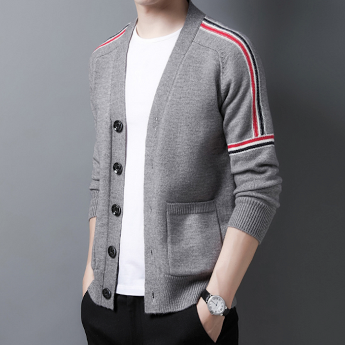 Colorful Striped Men's Cardigan: black, white cardigan sweater, minimal sporty style