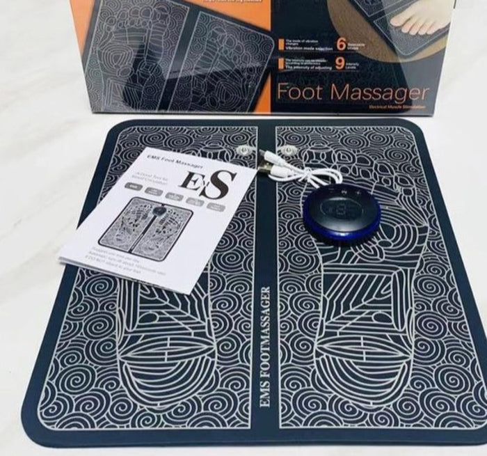 Compact Electronic Foot Massage Mat: dark navy blue, white electronic foot massager mat, minimal graphic style