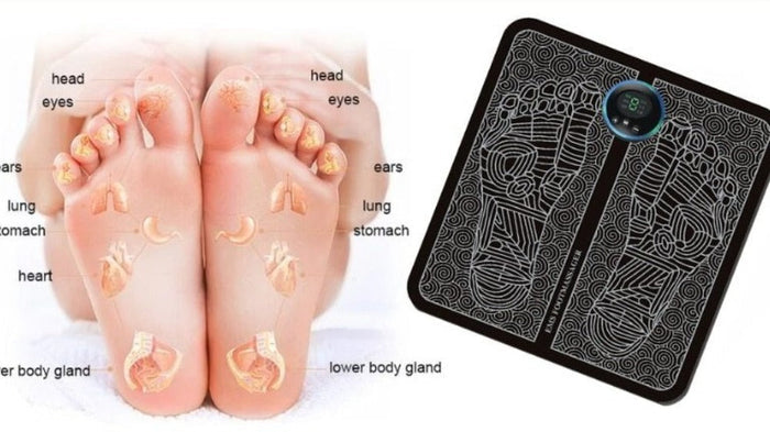 Compact Electronic Foot Massage Mat: dark navy blue, white electronic foot massager mat, minimal graphic style