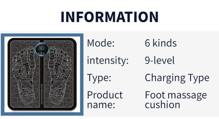 Compact Electronic Foot Massage Mat: dark navy blue, white electronic foot massager mat, minimal graphic style