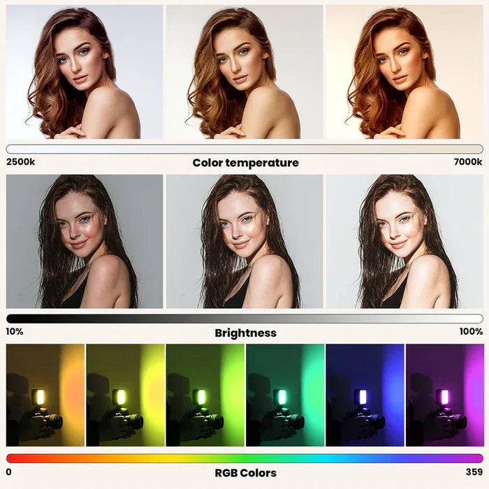 Compact Pocket RGB LED Camera Light: black, white portable LED light panel, minimal tech gadget style