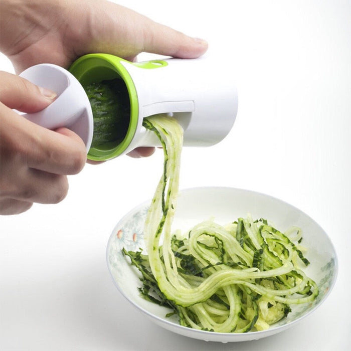Compact Vegetable Cutter and Noodle Machine: white, lime green handheld vegetable spiralizer, minimal style