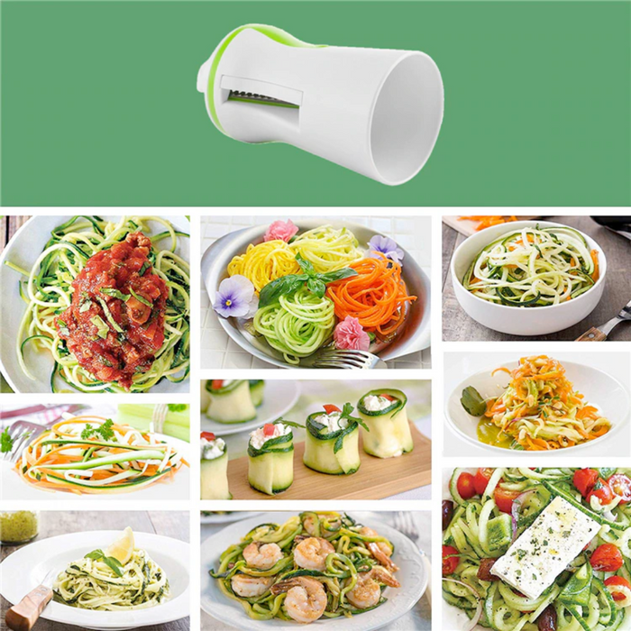 Compact Vegetable Cutter and Noodle Machine: white, lime green handheld vegetable spiralizer, minimal style