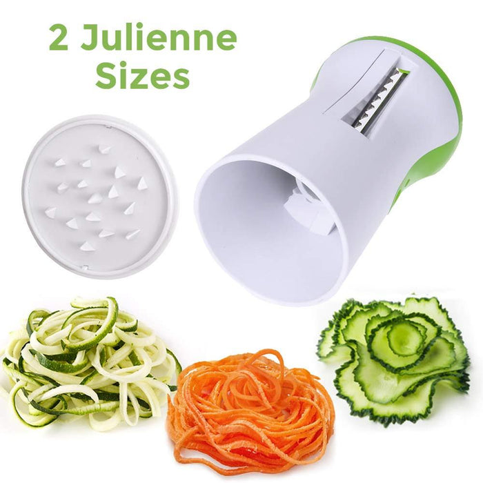Compact Vegetable Cutter and Noodle Machine: white, lime green handheld vegetable spiralizer, minimal style