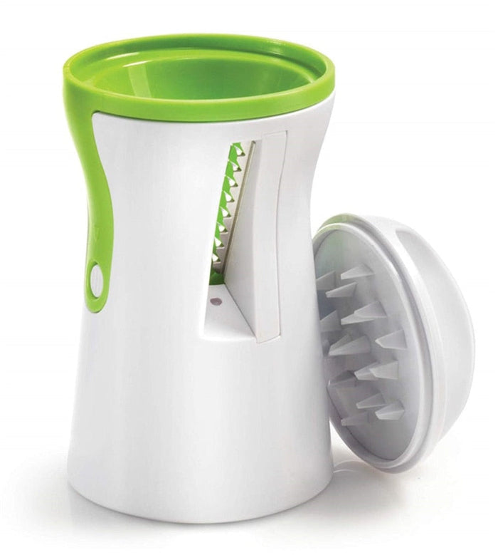 Compact Vegetable Cutter and Noodle Machine: white, lime green handheld vegetable spiralizer, minimal style