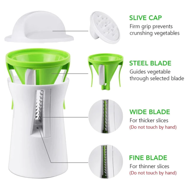 Compact Vegetable Cutter and Noodle Machine: white, lime green handheld vegetable spiralizer, minimal style