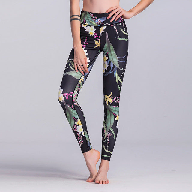Compression Yoga Leggings with Slim Fit and High Waist: dark teal blue, light blue floral pattern, botanical activewear style
