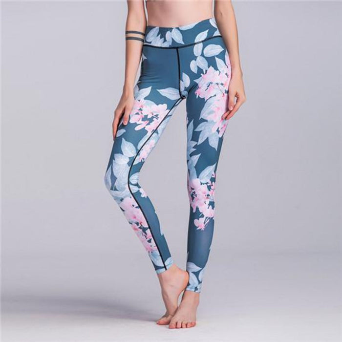 Compression Yoga Leggings with Slim Fit and High Waist: dark teal blue, light blue floral pattern, botanical activewear style