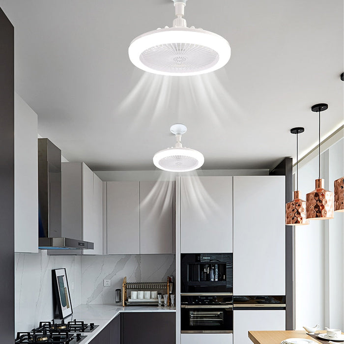 Contemporary Remote-Controlled LED Ceiling Fan with Built-in Lighting: white, gray ceiling-mounted fan light, modern minimal