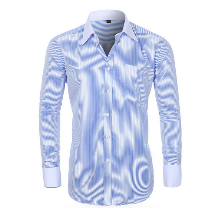 Contrast Cuff Pinstripe Men's Shirt: light blue, white long-sleeve button-up dress shirt, classic formal style