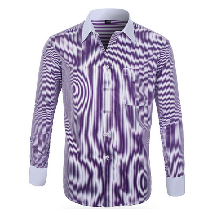 Contrast Cuff Pinstripe Men's Shirt: light blue, white long-sleeve button-up dress shirt, classic formal style