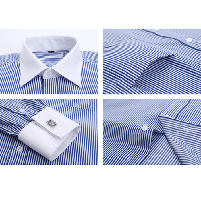 Contrast Cuff Pinstripe Men's Shirt: light blue, white long-sleeve button-up dress shirt, classic formal style