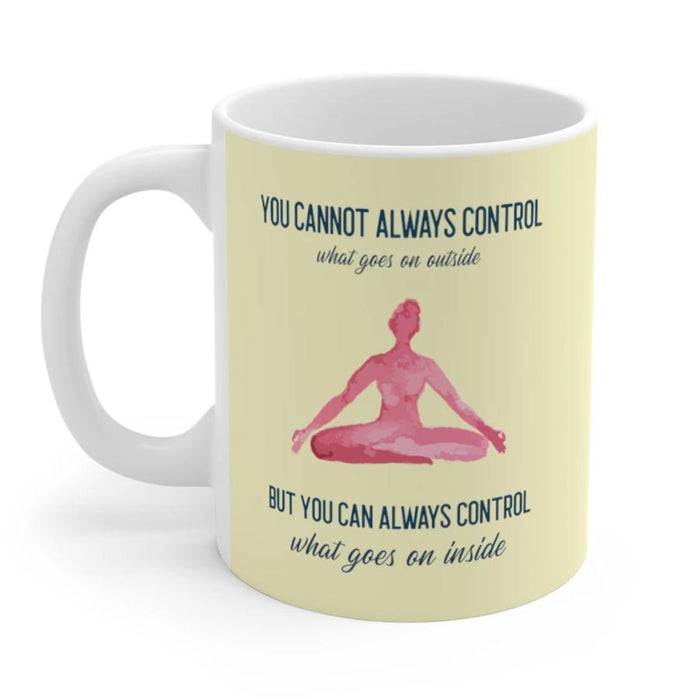 Control What Happens Within: Empowering Yoga Mug: white, pale yellow meditating person, minimal inspirational graphic style
