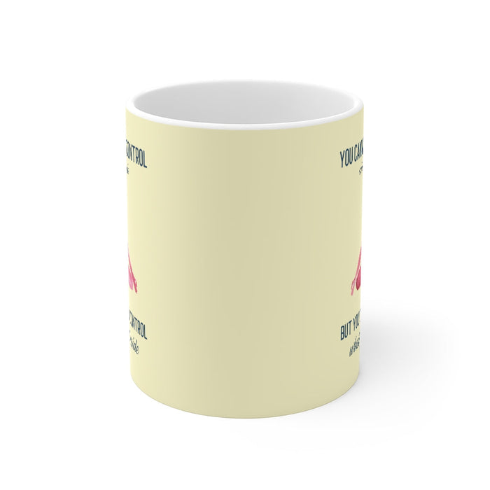 Control What Happens Within: Empowering Yoga Mug: white, pale yellow meditating person, minimal inspirational graphic style