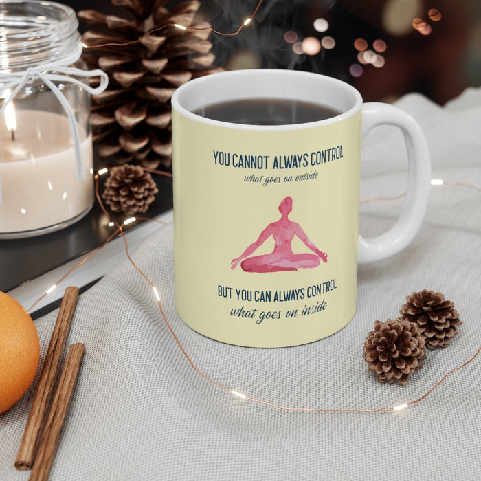 Control What Happens Within: Empowering Yoga Mug: white, pale yellow meditating person, minimal inspirational graphic style