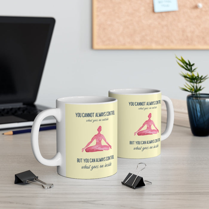 Control What Happens Within: Empowering Yoga Mug: white, pale yellow meditating person, minimal inspirational graphic style