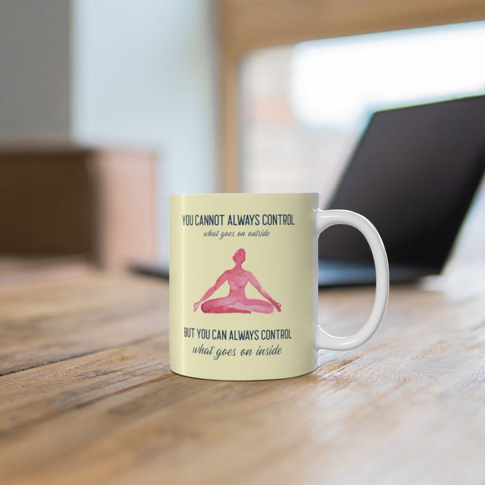 Control What Happens Within: Empowering Yoga Mug: white, pale yellow meditating person, minimal inspirational graphic style