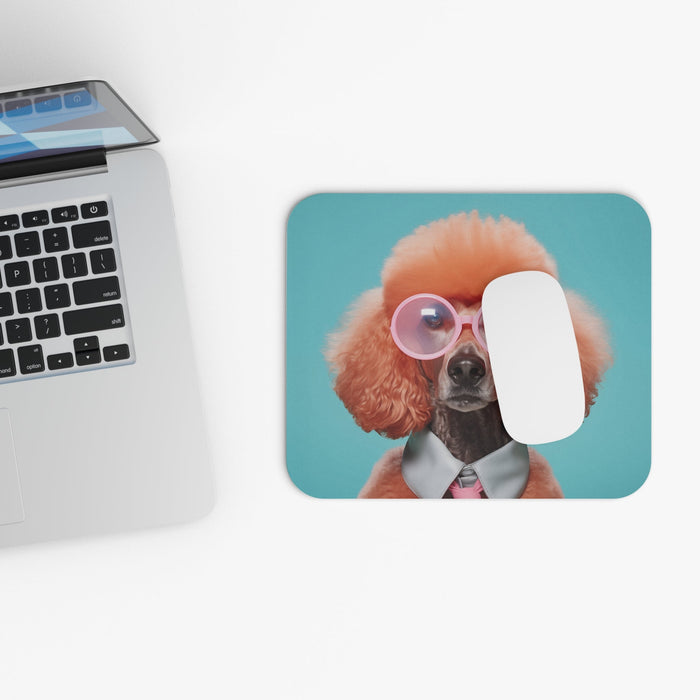 Cool Canine in Sunglasses Mouse Mat: peach-orange, pink poodle dog, playful fashion portrait style