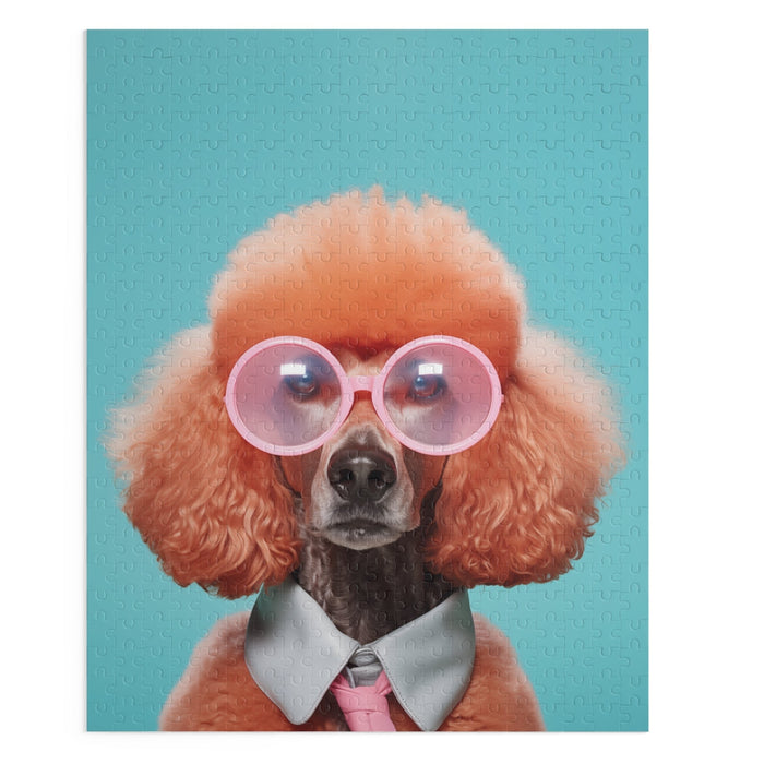 Cool Canine in Sunglasses Puzzle 500-Piece: turquoise, apricot orange poodle dog, humorous portrait photography style