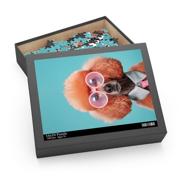 Cool Canine in Sunglasses Puzzle 500-Piece: turquoise, apricot orange poodle dog, humorous portrait photography style