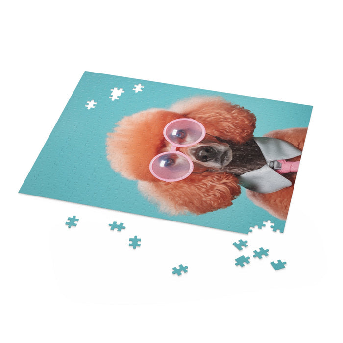 Cool Canine in Sunglasses Puzzle 500-Piece: turquoise, apricot orange poodle dog, humorous portrait photography style