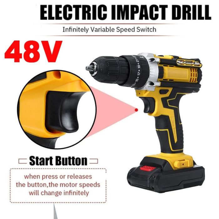 Cordless Impact Drill Driver with 48V Power and 25+3 Torque Options: yellow, black cordless power drill, modern industrial st