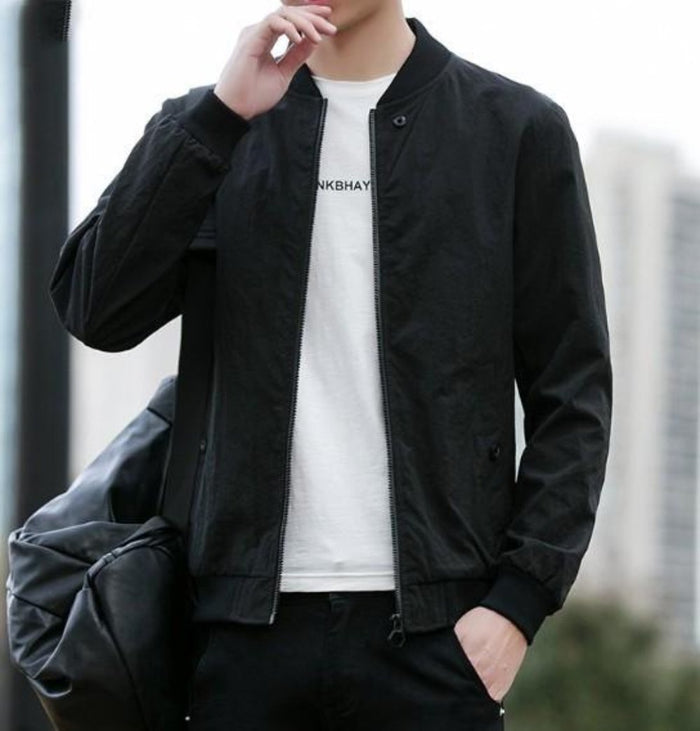 Core Meaning Clear: Men's Windproof Bomber Coat: black, dark gray jacket, minimal casual style