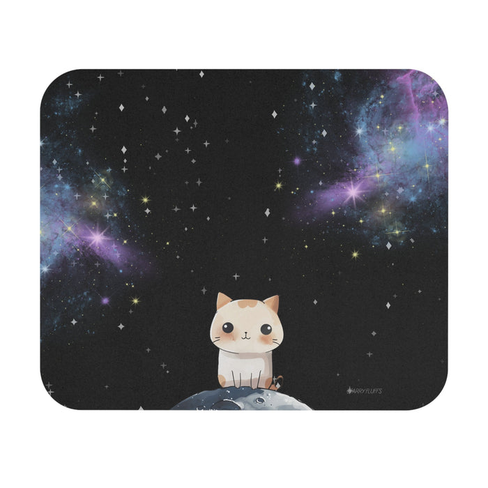 Cosmic Cloud Mouse Pad by Starry Fluff: black, dark blue cartoon cat in outer space, kawaii cartoon space theme style