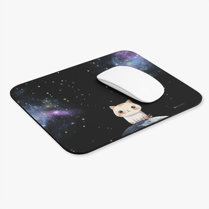 Cosmic Cloud Mouse Pad by Starry Fluff: black, dark blue cartoon cat in outer space, kawaii cartoon space theme style