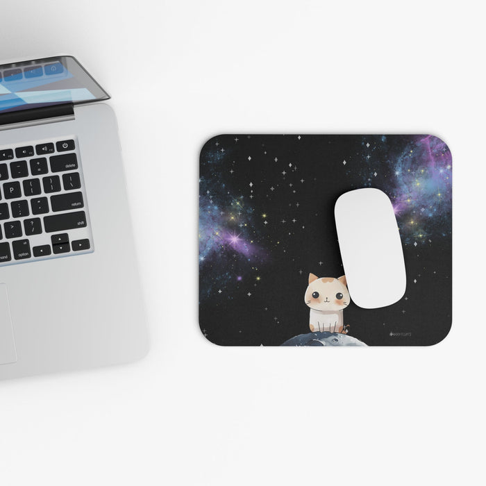 Cosmic Cloud Mouse Pad by Starry Fluff: black, dark blue cartoon cat in outer space, kawaii cartoon space theme style