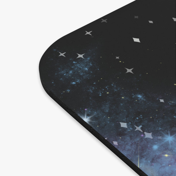 Cosmic Cloud Mouse Pad by Starry Fluff: black, dark blue cartoon cat in outer space, kawaii cartoon space theme style