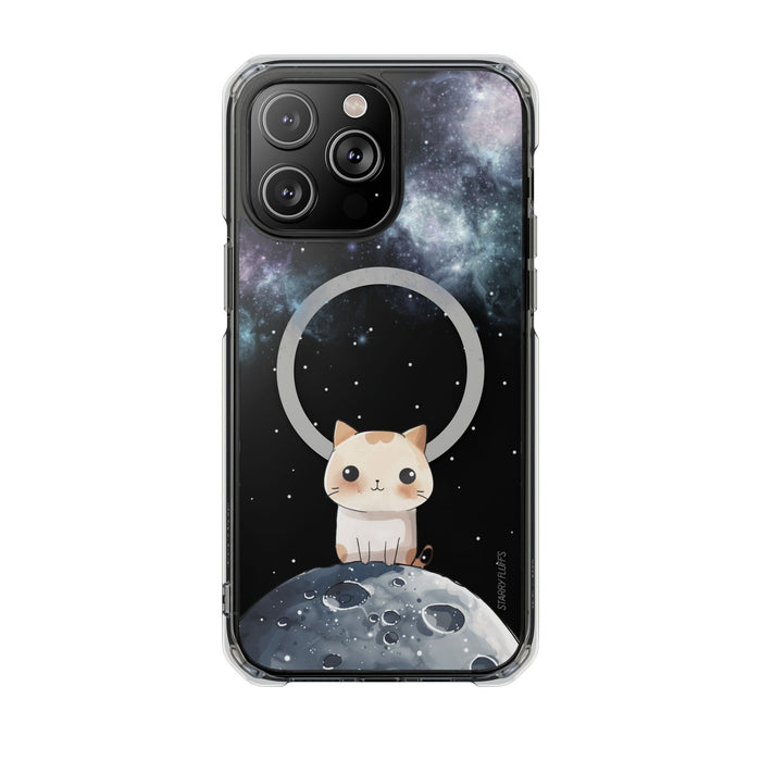 Cosmic Feline, Magnetic iPhone Case with Astronomical Flair: black, dark blue cartoon cat in space, kawaii cartoon style
