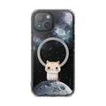 Cosmic Feline, Magnetic iPhone Case with Astronomical Flair: black, dark blue cartoon cat in space, kawaii cartoon style
