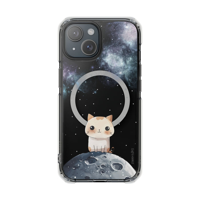 Cosmic Feline, Magnetic iPhone Case with Astronomical Flair: black, dark blue cartoon cat in space, kawaii cartoon style