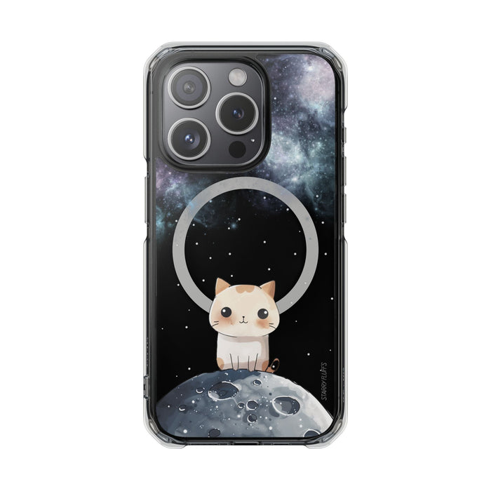 Cosmic Feline, Magnetic iPhone Case with Astronomical Flair: black, dark blue cartoon cat in space, kawaii cartoon style