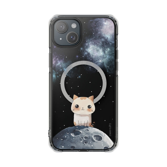 Cosmic Feline, Magnetic iPhone Case with Astronomical Flair: black, dark blue cartoon cat in space, kawaii cartoon style