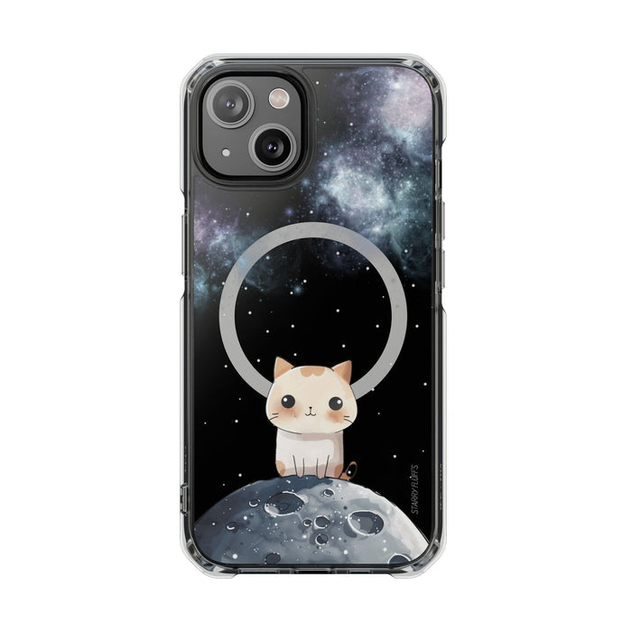 Cosmic Feline, Magnetic iPhone Case with Astronomical Flair: black, dark blue cartoon cat in space, kawaii cartoon style